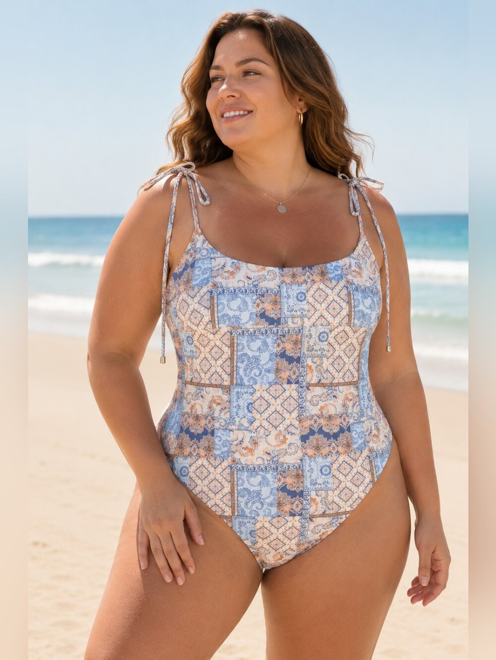 NEW La Porte Patchwork Medallion Printed  Blue Ties One Piece Swimsuit Size 2XL